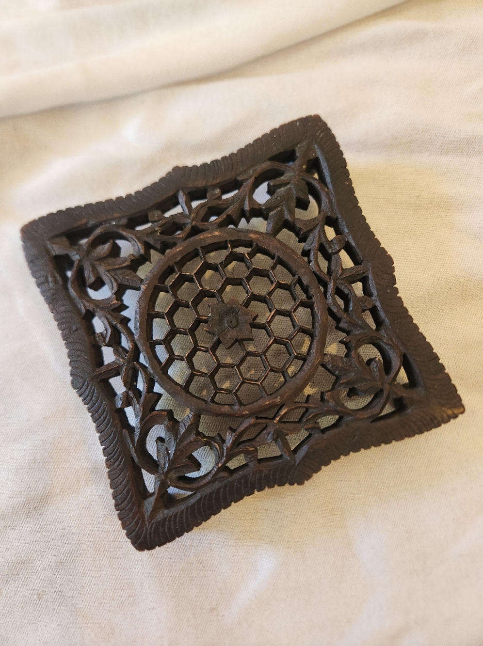 Vintage Wooden Trivet Hand Carved Ornate Kitchen Hot Plate Decor Made In India